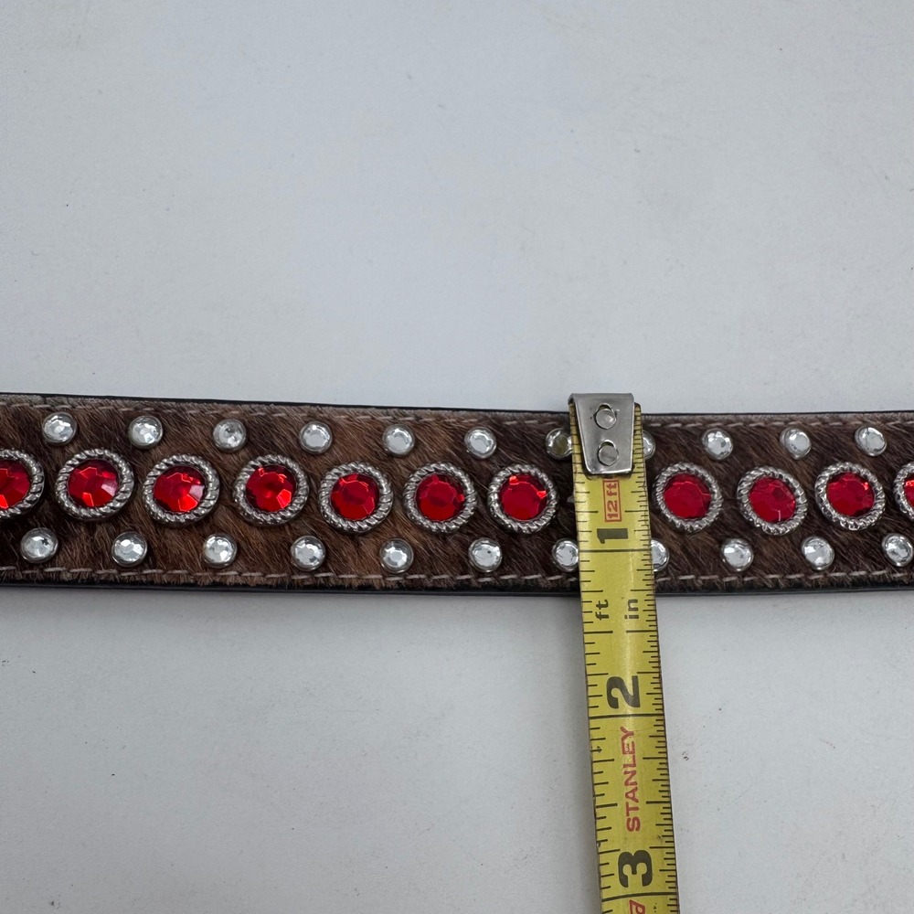 Western Rhinestone Belt Brown Leather Red Crystal Embellished Rodeo Boho Sz 32 - Picture 9 of 12